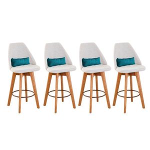 Kit 04 Banquetas Linho Bege E Almofada Suede Azul Turquesa