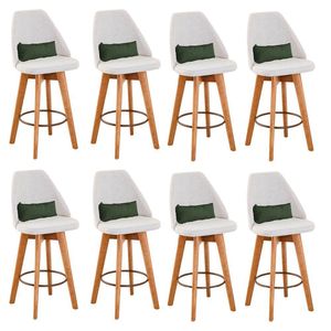 Kit 08 Banquetas Linho Bege E Almofada Suede Verde Musgo