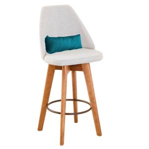 Banqueta Com Encosto Linho Bege E Almofada Azul Turquesa