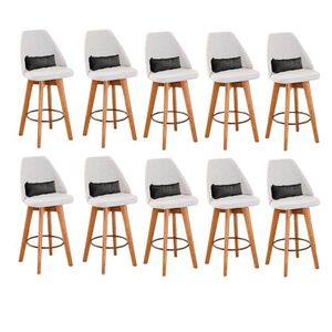 Kit 10 Banquetas Com Encosto Linho Bege E Almofada Cinza