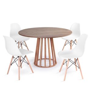 Conjunto Mesa De Jantar Redonda Talia Amadeirada Natural 120cm Com 4 Cadeiras Eames Eiffel - Branco