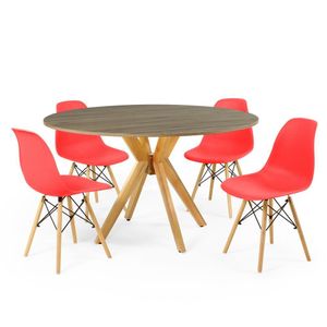 Conjunto Mesa De Jantar Redonda Marci Natural 120cm Com 4 Cadeiras Eames Eiffel - Vermelho