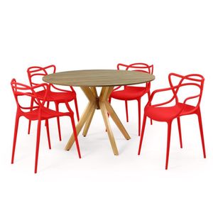 Conjunto Mesa De Jantar Redonda Marci Natural 120cm Com 4 Cadeiras Allegra - Vermelho