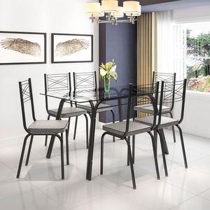 Conjunto De Mesa Preto De 1,40M Vidro Incolor Com 6 Cadeiras