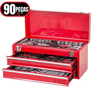 Baú Gabinete De Ferramentas Em Metal C/ 2 Gavetas + 90 Pçs