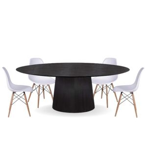 Conjunto Mesa De Jantar Cone Oval 160x90 Cm ébano + 4 Cadeiras Eames Dkr Wood Branca Preto