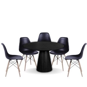 Conjunto Mesa De Jantar Cone Redonda 120 Cm ébano + 5 Cadeiras Eames Dkr Wood Preto