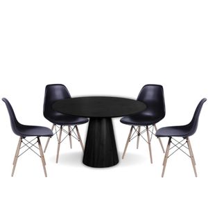 Conjunto Mesa De Jantar Cone Redonda 90 Cm ébano + 4 Cadeiras Eames Dkr Wood Preta Preto