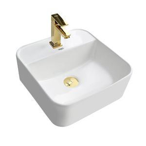 Kit Cuba Pia Louça Cerâmica Banheiro C/ Torn E Vál Dourada 7