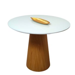 Mesa De Jantar Cone 90 Cm Base Madeira Freijó Tampo Laca + Vidro Branco