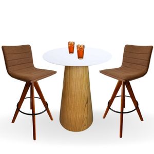 Conjunto Mesa Bistrô Cone 70 Cm Branca Base Altura 100 Cm Freijó2 Banquetas Giratória Marrom