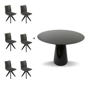 Conjunto Mesa De Jantar Cone 140 Cm Preta Com Cadeiras Giratória Em Tecido Cinza Chumbo Preto