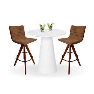 Conjunto Mesa Bistrô Cone 70 Cm Branca Base Altura 100 Cm Branca2 Banquetas Giratória Marrom