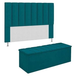 Kit Cabeceira + Calçadeira Baú Solteiro 90cm Azul Turquesa