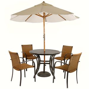 Kit 4 Cadeiras Fibra Oliva Estonado Com Mesa Tampo Preta e Ombrelone Bege