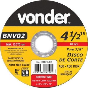 Disco De Corte 115,0X1,6X22,23 2 Telas Para Aço Carbono E In