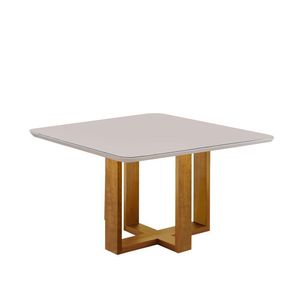 Mesa De Jantar Quadrada 4 Lugares Paris Tampo Com Vidro E Madeira Maciça Móveis Mix Mel/Off-White
