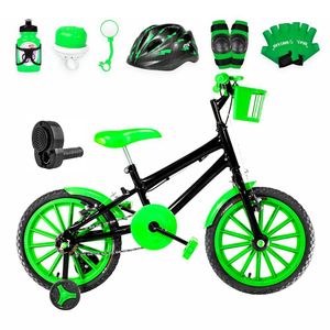 Bicicleta Infantil Masculina Aro 16 Nylon + Kit Premium Cor Preta E Verde