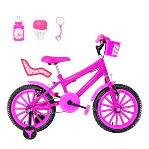 Bicicleta Infantil Feminina Aro 16 Nylon + Kit Passeio E Cadeirinha Cor Pink
