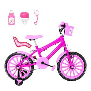 Bicicleta Infantil Feminina Aro 16 Nylon + Kit Passeio E Cadeirinha Cor Pink E Rosa