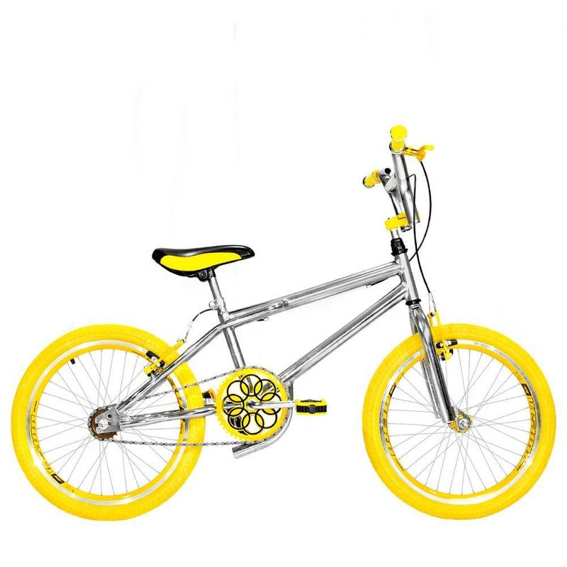 Bicicleta Infantil Masculina Aro 20 Cross Cromada e Amarela