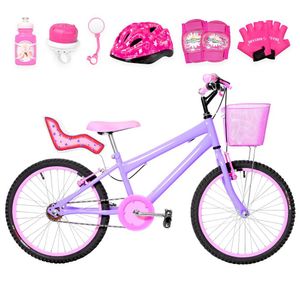 Bicicleta Infantil Feminina Aro 20+Kit Premium Lilás e Rosa