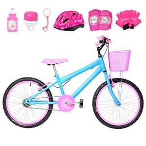 Bicicleta Infantil Feminina Aro 20+Kit Proteção Azul Claro