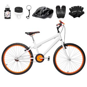 Bicicleta Masculina Aro 24+Kit Proteção Branca e Laranja