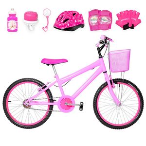 Bicicleta Infantil Feminina Aro 20+Kit Proteção Rosa e Pink
