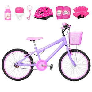 Bicicleta Infantil Feminina Aro 20+Kit Proteção Lilás e Rosa