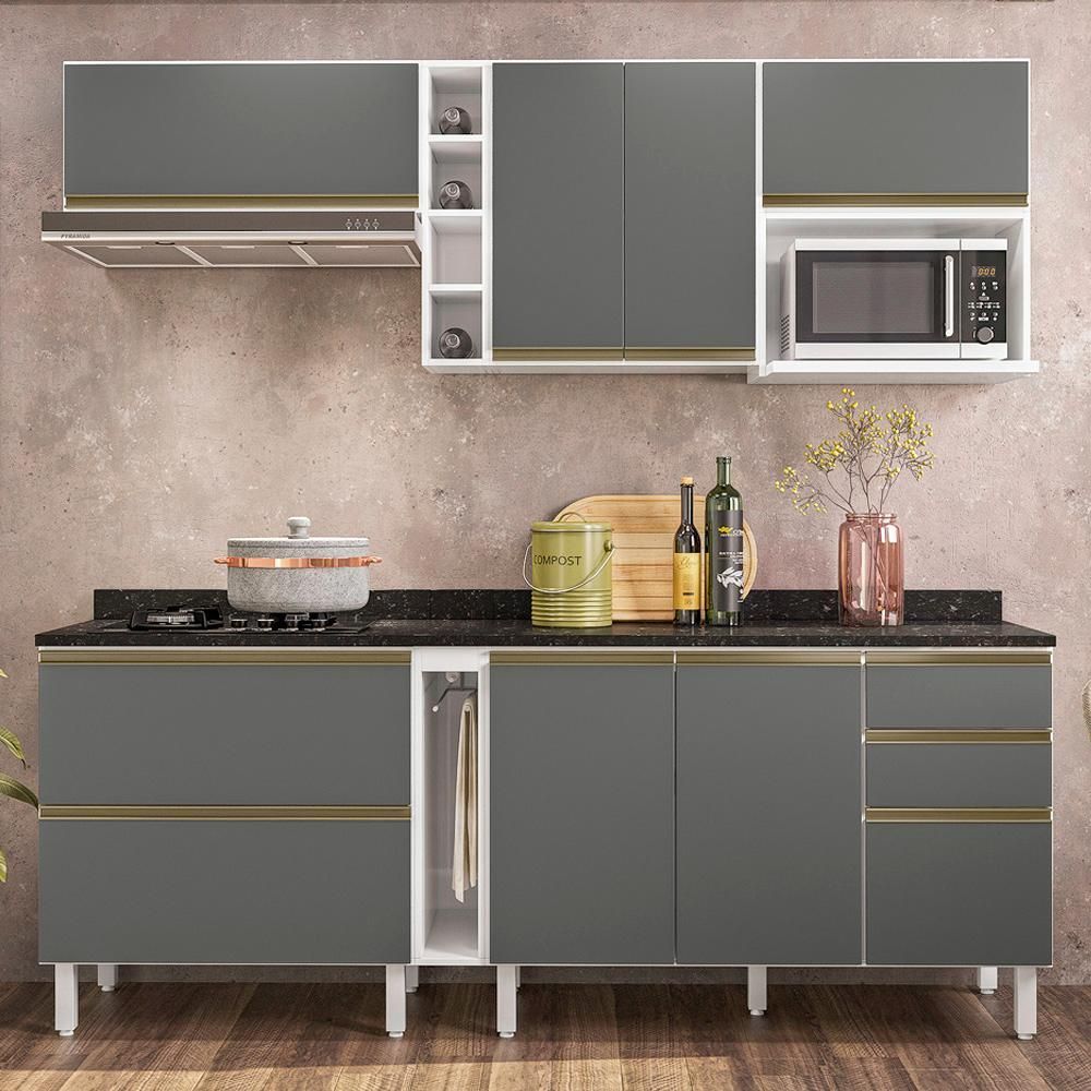 Cozinha Completa Modulada 18 Peças Ii 100% MDF Kali Premium Amendoa Arezzo  Rust Nicioli