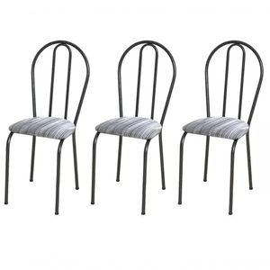 Kit 03 Cadeiras Tubular Cromo Preto 004 Assento Linho Linho