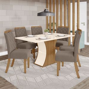 Conjunto Sala De Jantar Tampo Mdf Canto Reto 160 Cm 6 Cadeiras Amélia Henn Off White Com Nature E Marrom Amêndoa