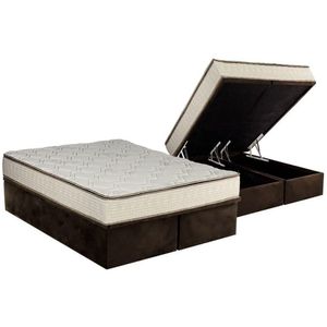 Cama Box Baú Queen: Colchão Molas Luckspuma Bonnel Montreal Spring + Base Crc Suede Brown(158x198)