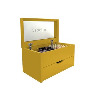 Porta Maquiagem Caixa Organizadora Com Espelho Amarelo Laca