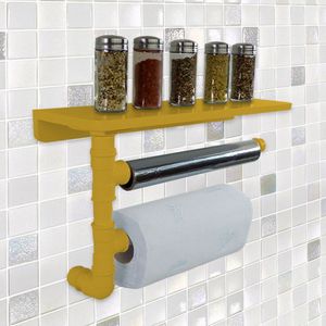 Suporte De Parede Porta Papel Toalhas E Prateleira Para Temperos Cozinha Estilo Industrial Amarelo