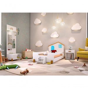 Cama Solteiro Casinha Branco Mel E Azul Com 2 Luminárias E Colchão