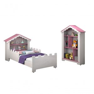 Quarto Princesa C/Cama, Estante,Colchão Branco/rosa