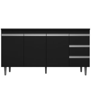 Balcão Gabinete Cozinha 150Cm Com Tampo 3 Portas Preto