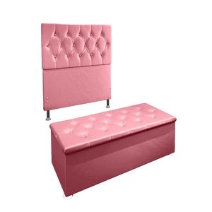Kit Cabeceira Calçadeira Baú Solteiro 90cm Suede Rosa
