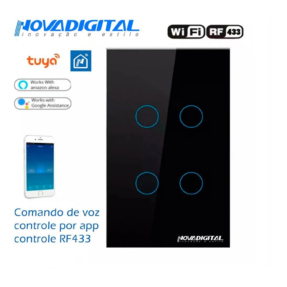 Interruptor Inteligente Wifi Nova Digital de 4 Botões e 2 Tomadas