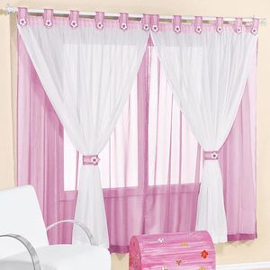 Cortina Infantil Juvenil Para Varão Tecido Voal 2,00 X 1,70 Metros Alt - Rosa e Branco