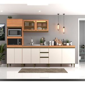 Cozinha Modulada 4 Peças 9 Portas 3 Gavetas 310cm Freijó/off White