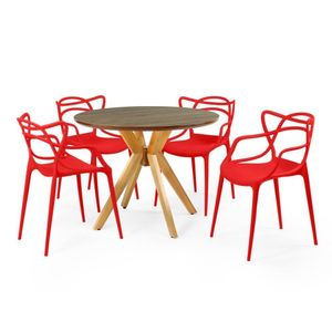 Conjunto Mesa De Jantar Redonda Marci Premium Natural 100cm Com 4 Cadeiras Allegra - Vermelho