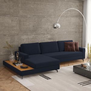Sofá Em Linho 322cm Chaise Esquerdo E Deck Loft Azul Marinho