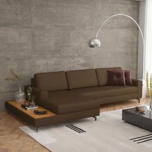 Sofá Em Linho 322cm Chaise Esquerdo E Deck Loft Marrom/preto