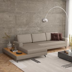 Sofá Em Linho 322cm Chaise Esquerdo E Deck Loft Cinza/marrom