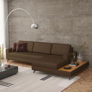 Sofá Em Linho 322cm Chaise Direito E Deck Loft Marrom/preto