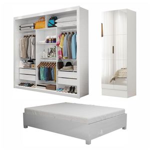 Quarto Casal 4 Gavetas Sapateira 2 Portas E Cama Branco