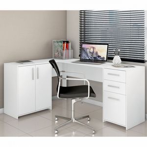 Escrivaninha Office De Canto 3 Gavetas 2 Portas Branco